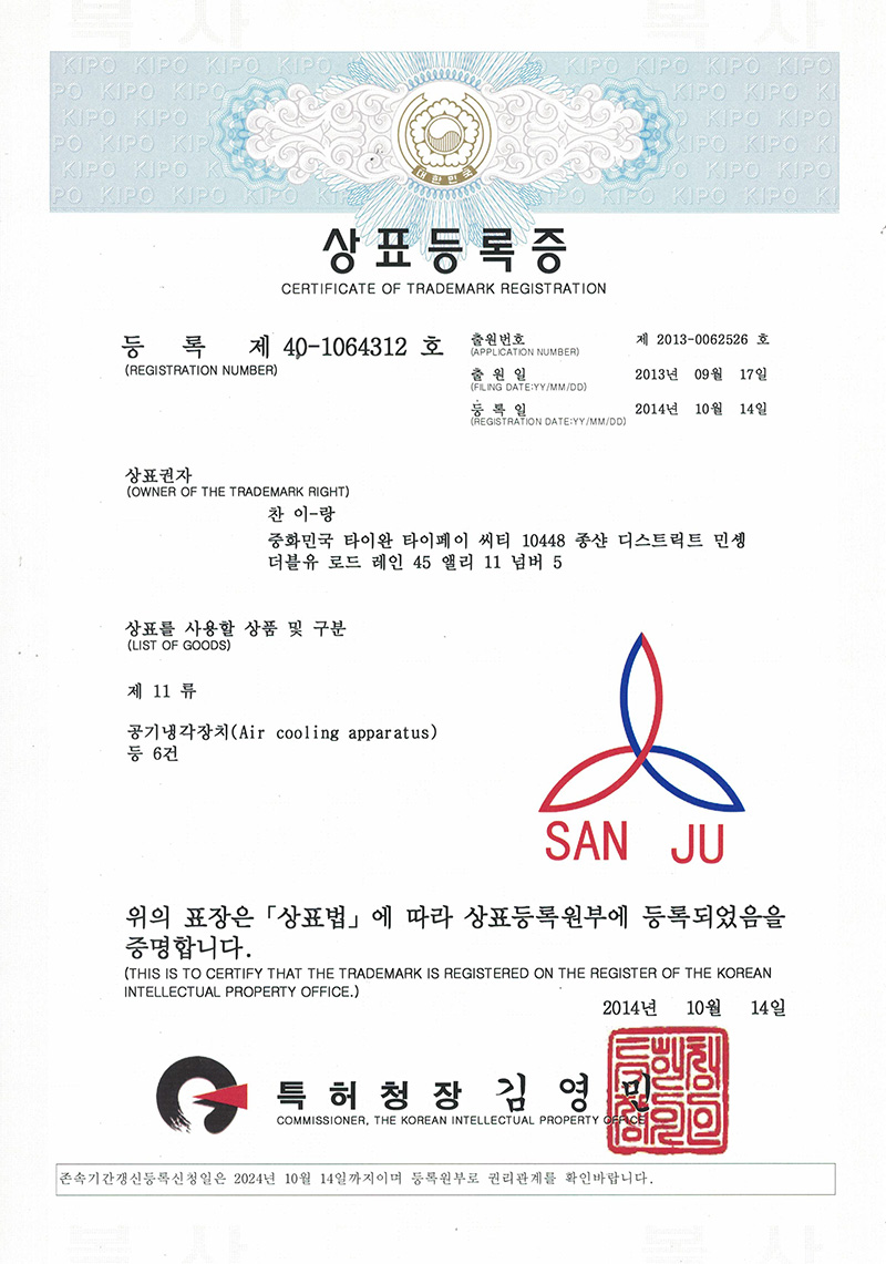 sanju韓國商標注冊證書
